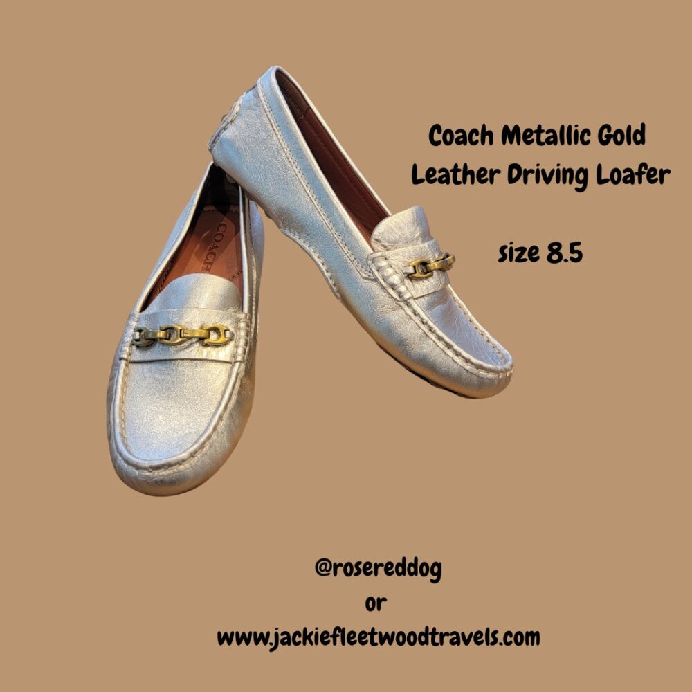 Coach Gold Leather Loafers with Chain Accent